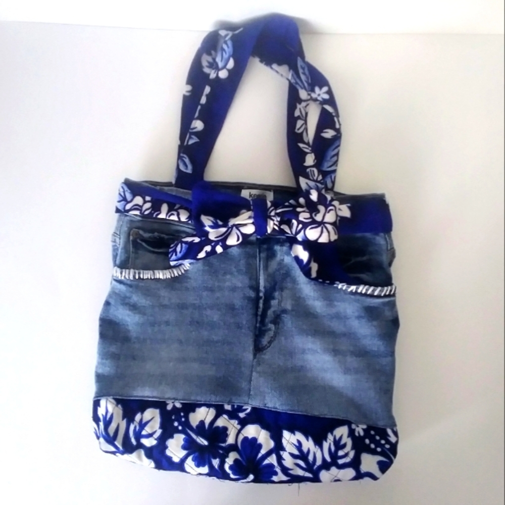 Womens Handbag Made From Denim Jeans And Rayon Trim Fully Lined
